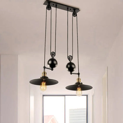 Industrial Flared Shade Pendant Lighting with Pulley - 2 Lights, Black