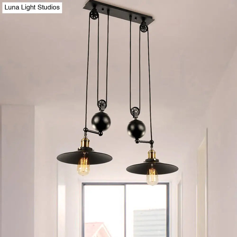 Industrial Flared Shade Pendant Lighting with Pulley - 2 Lights, Black