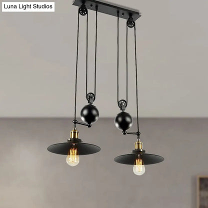 Industrial Flared Shade Pendant Lighting with Pulley - 2 Lights, Black