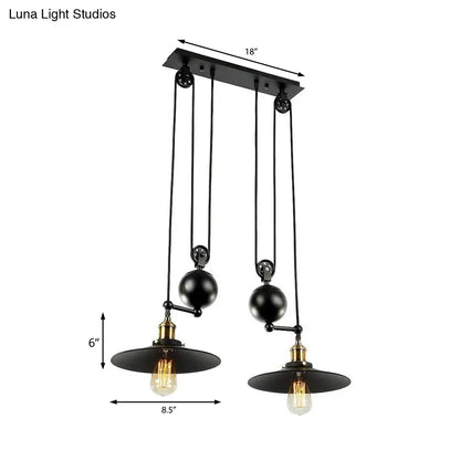 Industrial Flared Shade Pendant Lighting with Pulley - 2 Lights, Black