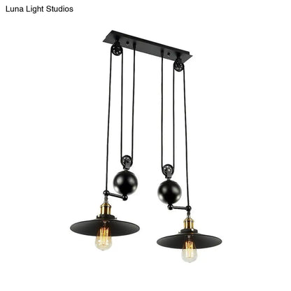 Industrial Flared Shade Pendant Lighting with Pulley - 2 Lights, Black