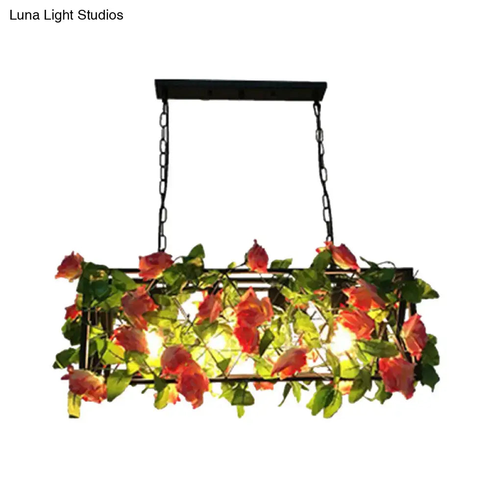 Decorbites™ industrial metal black island pendant light with 4 bulbs adorned with red roses and green leaves