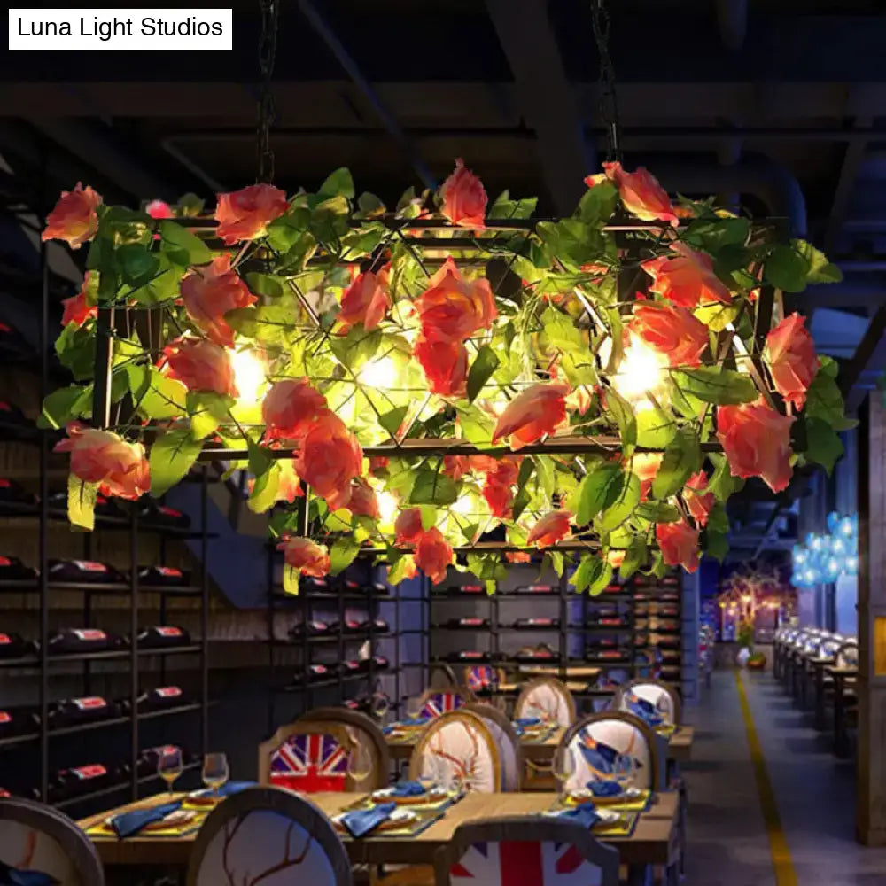 Decorbites™ industrial rectangular metal black island pendant light featuring pink roses and green leaves illumination