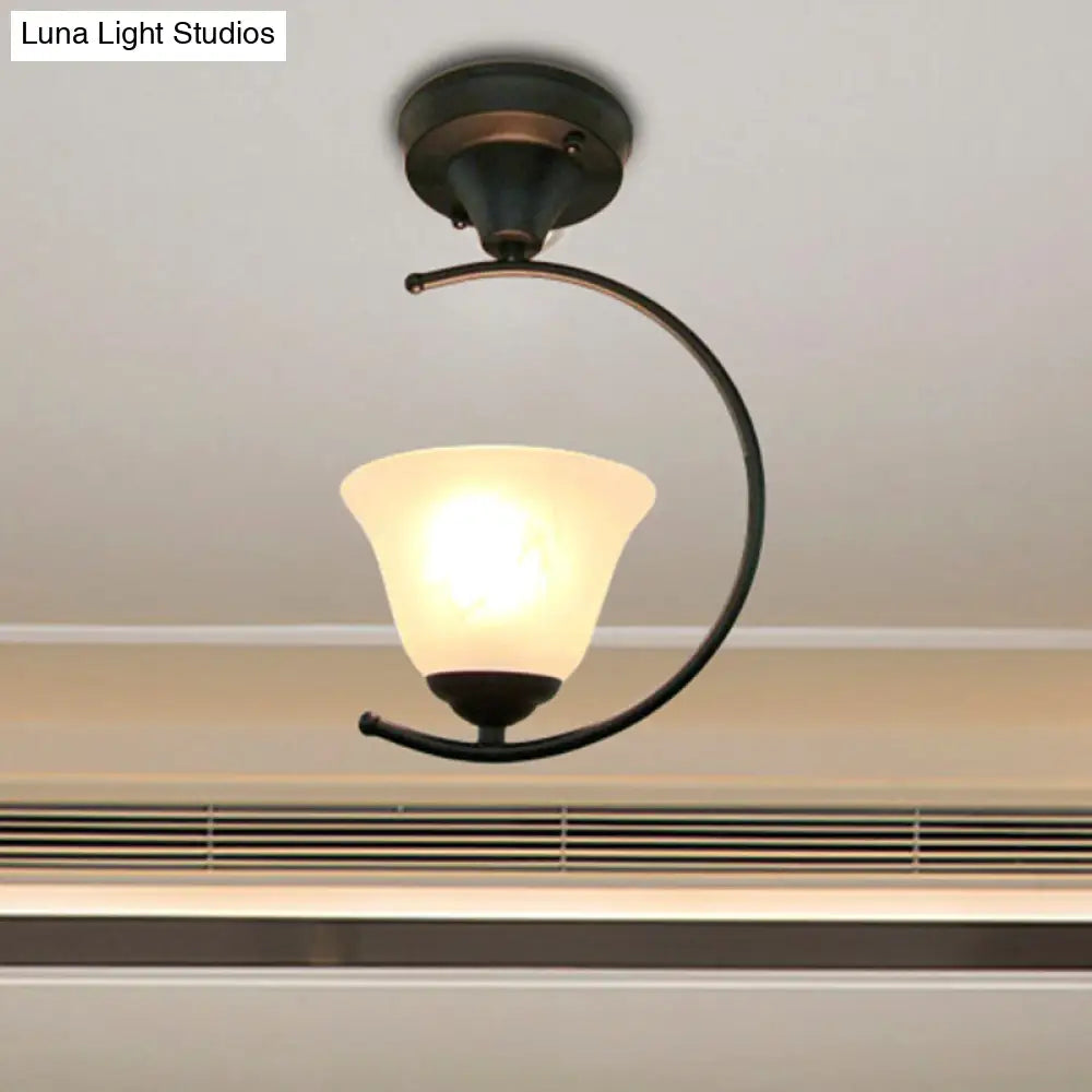 DecorBites™ DecorBites™ Industrial Flower/Bell Semi Flush Mount Ceiling Light - Single Bulb, Frosted Glass - White/Black for Corridor