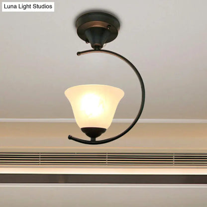 DecorBites™ DecorBites™ Industrial Flower/Bell Semi Flush Mount Ceiling Light - Single Bulb, Frosted Glass - White/Black for Corridor