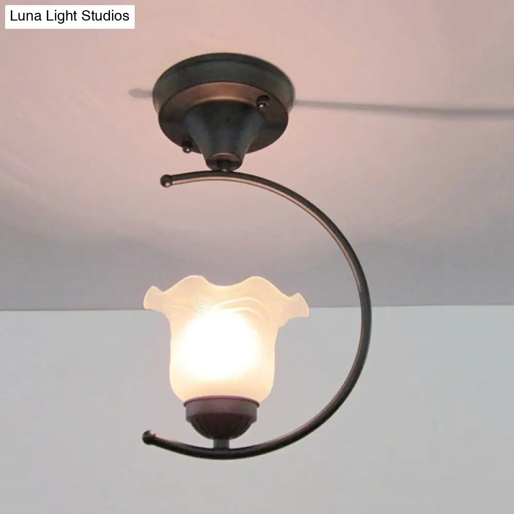 DecorBites™ DecorBites™ Industrial Flower/Bell Semi Flush Mount Ceiling Light - Single Bulb, Frosted Glass - White/Black for Corridor