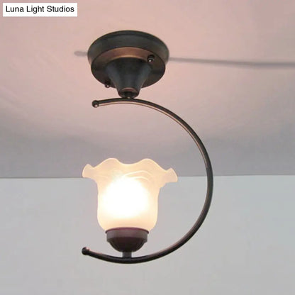 DecorBites™ DecorBites™ Industrial Flower/Bell Semi Flush Mount Ceiling Light - Single Bulb, Frosted Glass - White/Black for Corridor