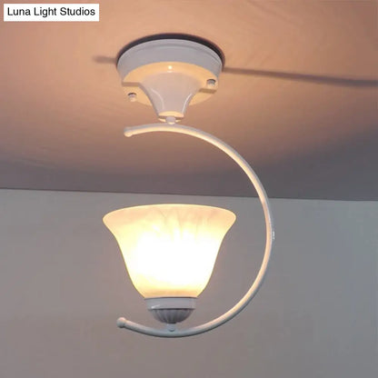 DecorBites™ DecorBites™ Industrial Flower/Bell Semi Flush Mount Ceiling Light - Single Bulb, Frosted Glass - White/Black for Corridor