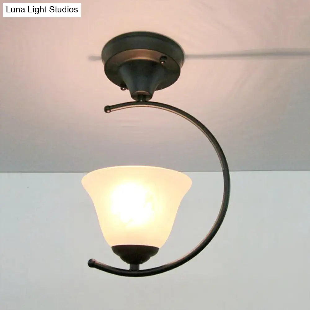 DecorBites™ DecorBites™ Industrial Flower/Bell Semi Flush Mount Ceiling Light - Single Bulb, Frosted Glass - White/Black for Corridor