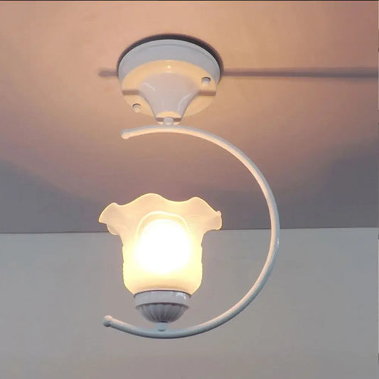 DecorBites™ DecorBites™ Industrial Flower/Bell Semi Flush Mount Ceiling Light - Single Bulb, Frosted Glass - White/Black for Corridor