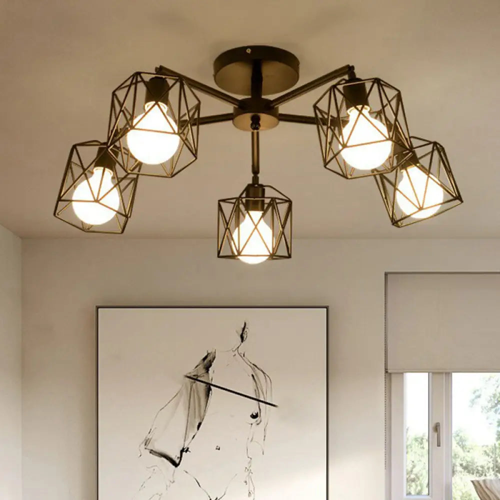 DecorBites™ DecorBites™ Industrial Flush Mount Ceiling Light with Black Hexagonal Iron Cage - Perfect for Living Room