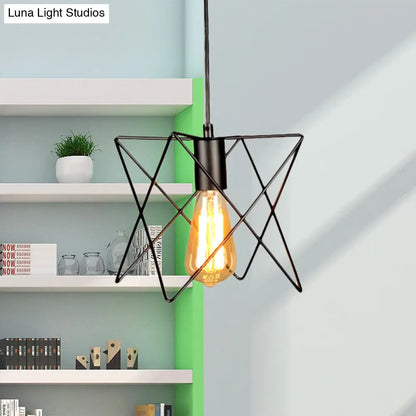 Industrial Geometric Ceiling Light with Open Cage Shade - 7"/10" Wide - Black