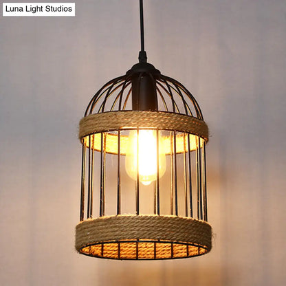 Industrial Geometric Hemp Rope Hanging Pendant Light - Single Ceiling Light in Black