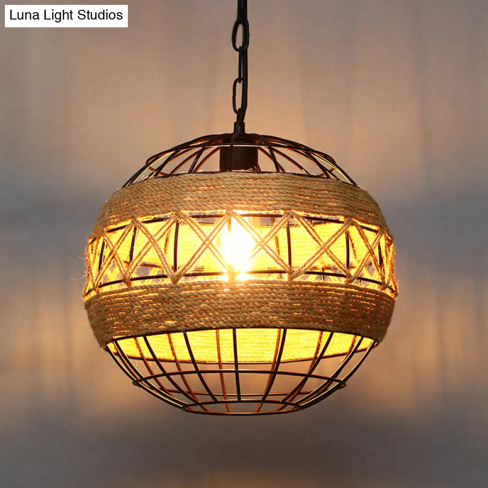 Industrial Geometric Hemp Rope Hanging Pendant Light - Single Ceiling Light in Black