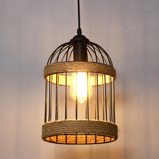 Industrial Geometric Hemp Rope Hanging Pendant Light - Single Ceiling Light in Black