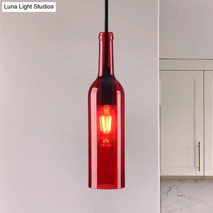 Industrial Glass 1-Head Hanging Lamp with Red/Yellow Bottle Shade for Dining Room