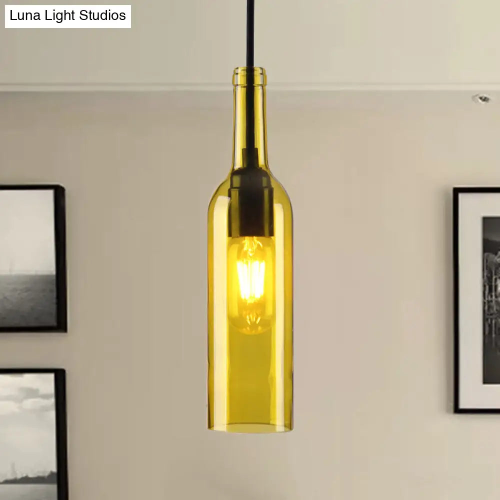 Industrial Glass 1-Head Hanging Lamp with Red/Yellow Bottle Shade for Dining Room