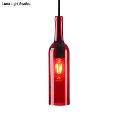 Industrial Glass 1-Head Hanging Lamp with Red/Yellow Bottle Shade for Dining Room