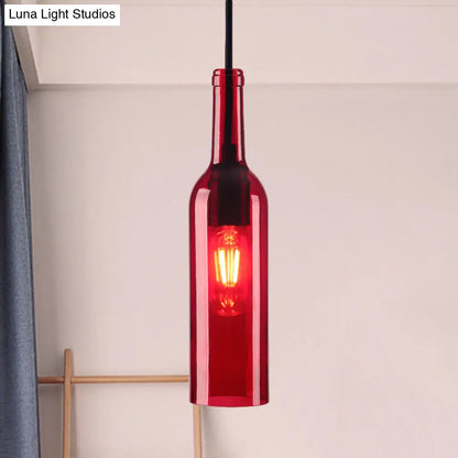 Industrial Glass 1-Head Hanging Lamp with Red/Yellow Bottle Shade for Dining Room