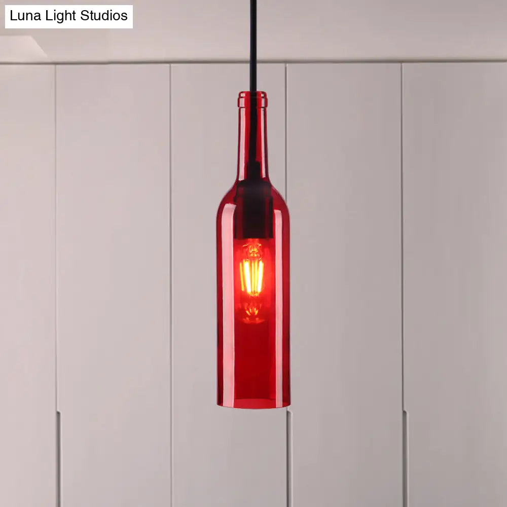 Industrial Glass 1-Head Hanging Lamp with Red/Yellow Bottle Shade for Dining Room