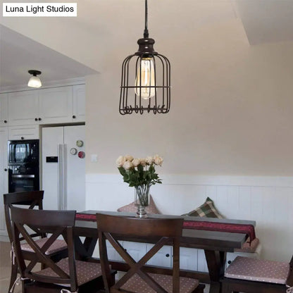 Industrial Glass Pendant Ceiling Light with Cage - Black Cylinder Design for Dining Room Illumination