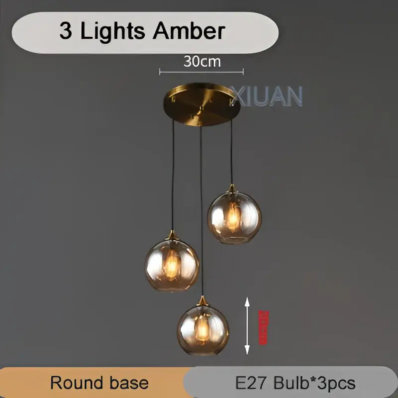 Amber glass industrial glass pendant light with three e27 bulbs and brass base for kitchen and dining room decorbites