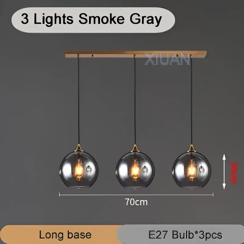 Smoke gray glass pendant light with three spherical bulbs and wooden bar decorbites industrial glass pendant