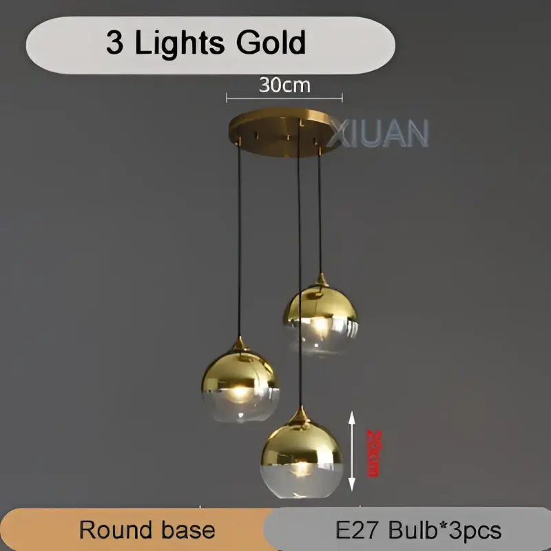 Gold-toned industrial glass pendant light with three spherical shades and round base for kitchen and dining room decorbites industrial glass