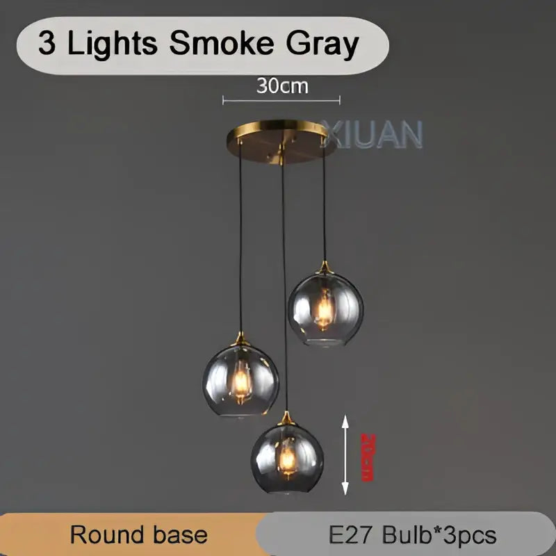 Smoke gray glass globe industrial glass pendant light with three E27 bulbs and round brass base for kitchen decorbites industrial glass
