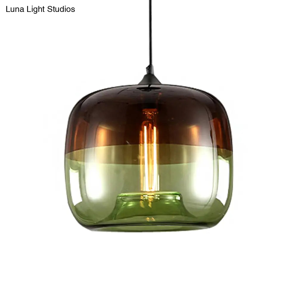 Industrial Glass Pendant Light in Green/Blue and Brown with Drum Dining Table Suspension