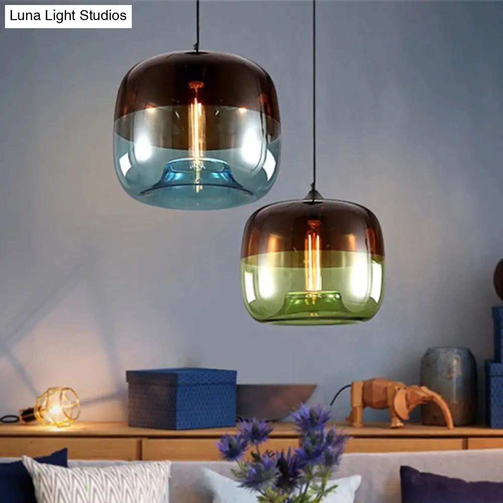 Industrial Glass Pendant Light in Green/Blue and Brown with Drum Dining Table Suspension