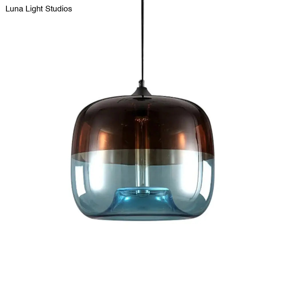 Industrial Glass Pendant Light in Green/Blue and Brown with Drum Dining Table Suspension