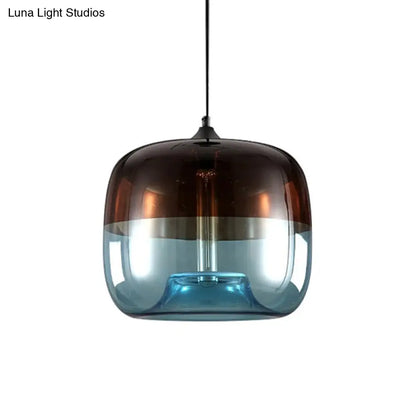 Industrial Glass Pendant Light in Green/Blue and Brown with Drum Dining Table Suspension