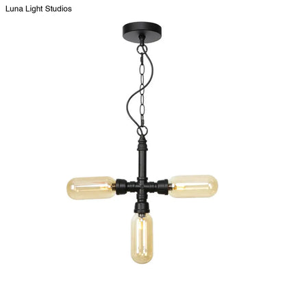 Industrial Glass Pipe Chandelier with Amber/Clear Accents - 3-Head LED Ceiling Fixture for Dining Room