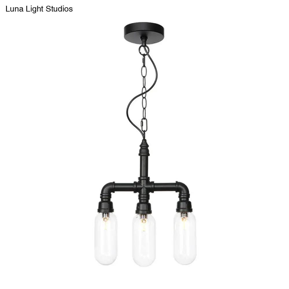 Industrial Glass Pipe Chandelier with Amber/Clear Accents - 3-Head LED Ceiling Fixture for Dining Room