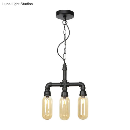 Industrial Glass Pipe Chandelier with Amber/Clear Accents - 3-Head LED Ceiling Fixture for Dining Room