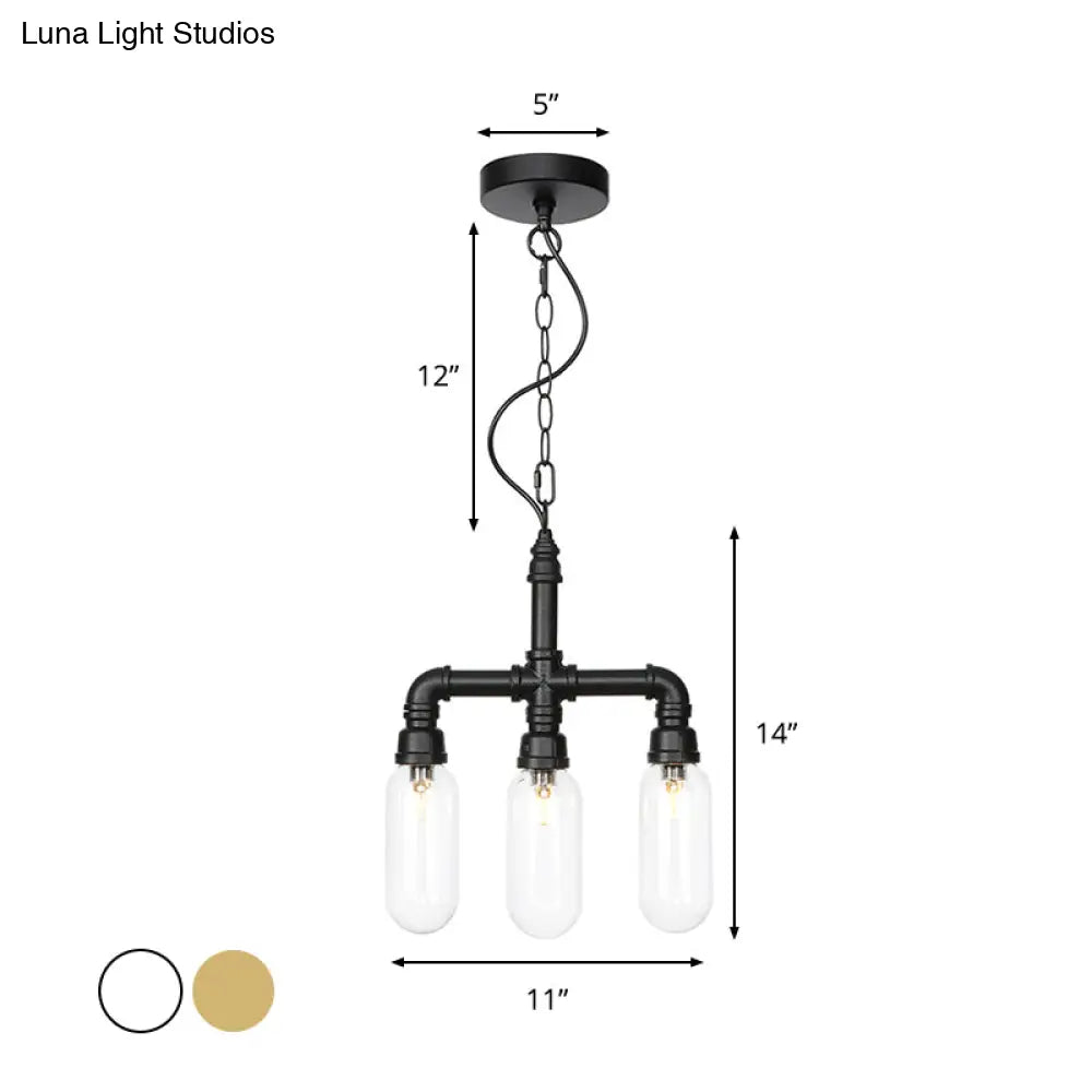 Industrial Glass Pipe Chandelier with Amber/Clear Accents - 3-Head LED Ceiling Fixture for Dining Room