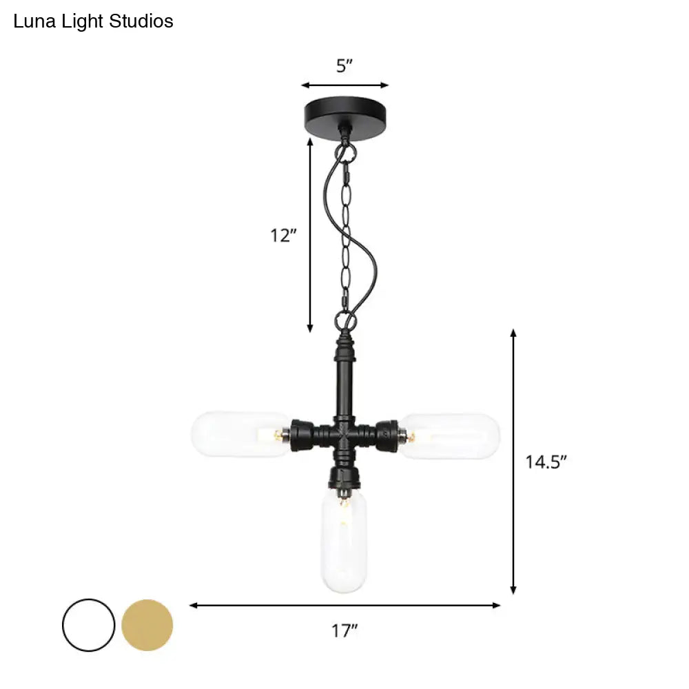 Industrial Glass Pipe Chandelier with Amber/Clear Accents - 3-Head LED Ceiling Fixture for Dining Room