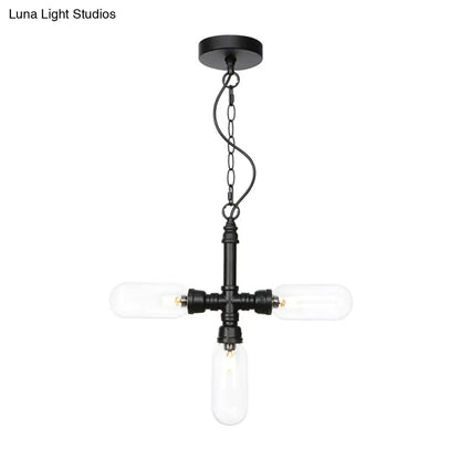 Industrial Glass Pipe Chandelier with Amber/Clear Accents - 3-Head LED Ceiling Fixture for Dining Room