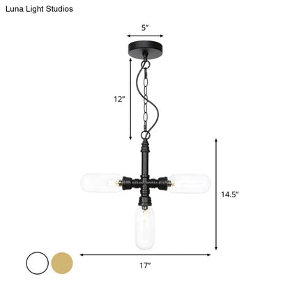 Industrial Glass Pipe Chandelier with Amber/Clear Accents - 3-Head LED Ceiling Fixture for Dining Room