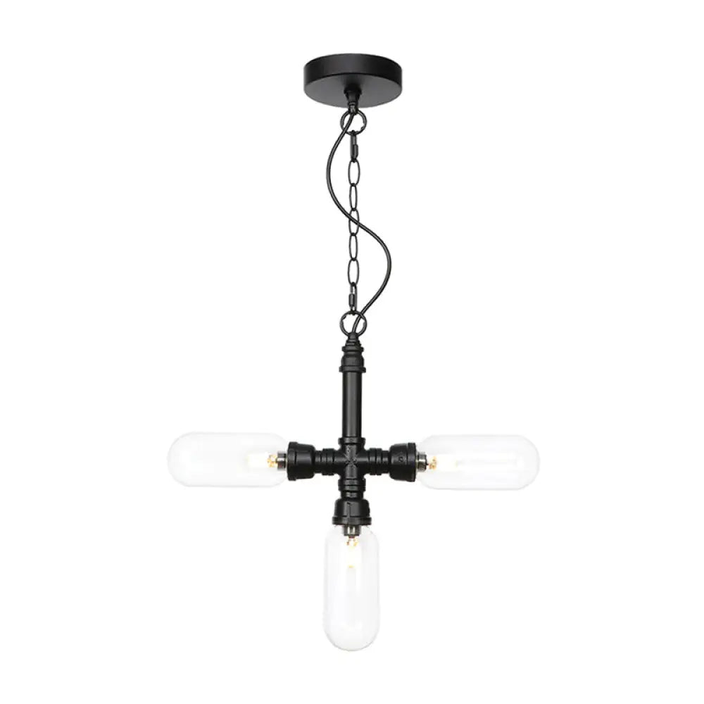 Industrial Glass Pipe Chandelier with Amber/Clear Accents - 3-Head LED Ceiling Fixture for Dining Room