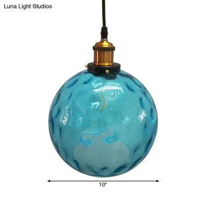 Industrial Globe Pendant Light - Blue Dimpled Glass Hanging Lamp (8"/10"/12" Wide)