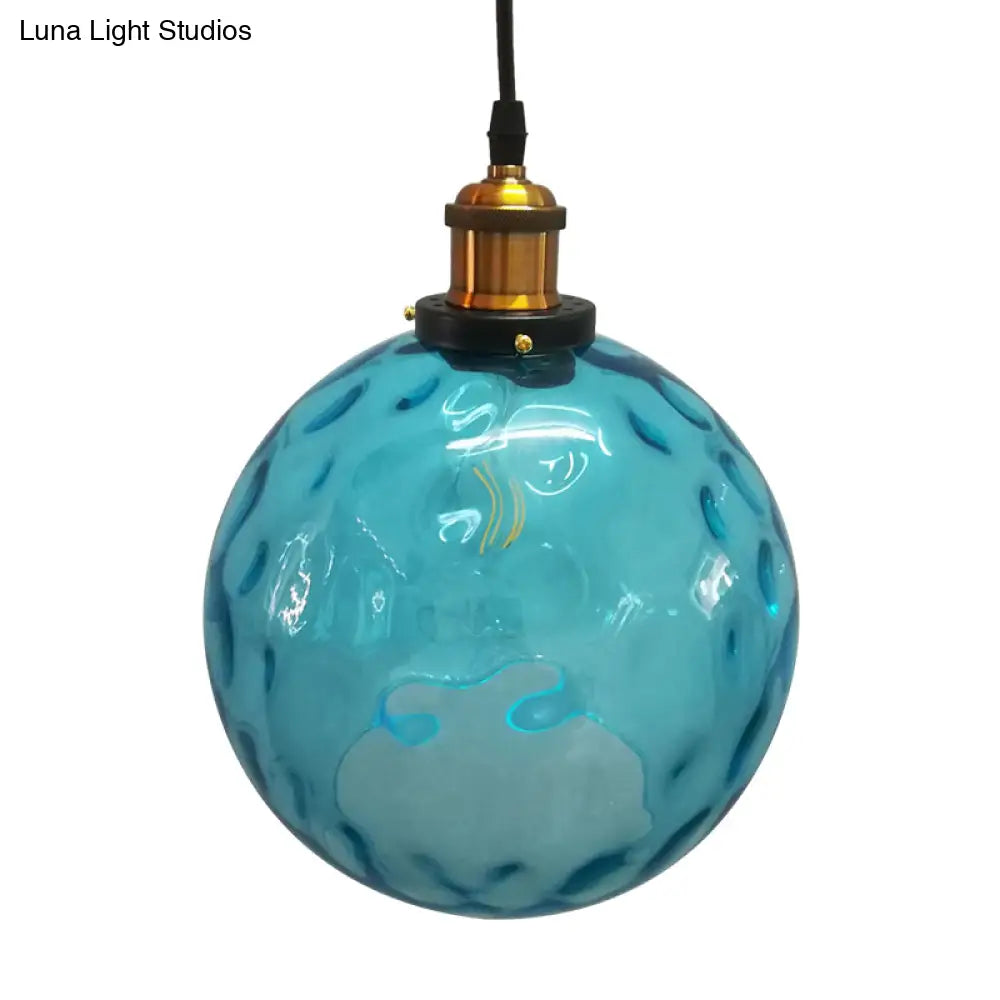 Industrial Globe Pendant Light - Blue Dimpled Glass Hanging Lamp (8"/10"/12" Wide)