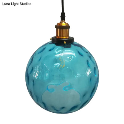 Industrial Globe Pendant Light - Blue Dimpled Glass Hanging Lamp (8"/10"/12" Wide)