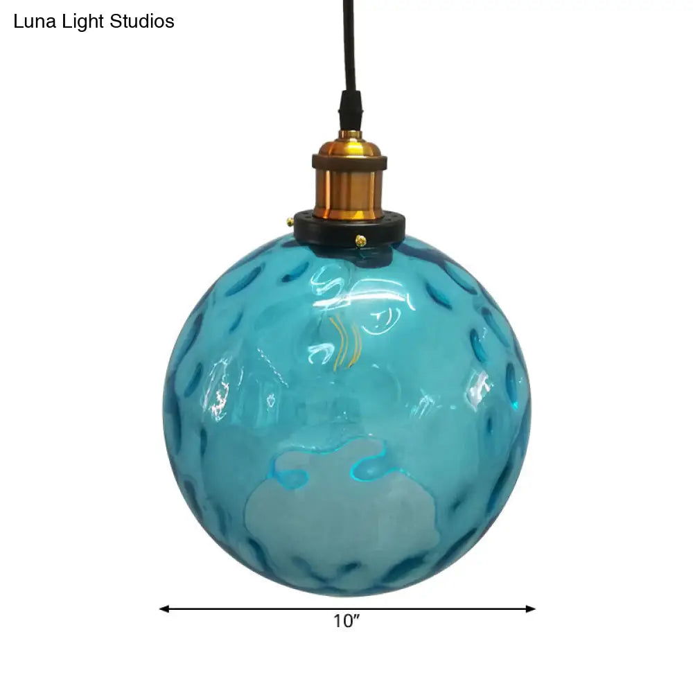 Industrial Globe Pendant Light - Blue Dimpled Glass Hanging Lamp (8"/10"/12" Wide)