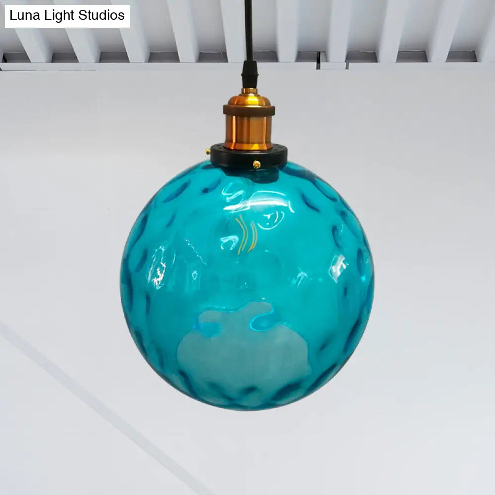 Industrial Globe Pendant Light - Blue Dimpled Glass Hanging Lamp (8"/10"/12" Wide)