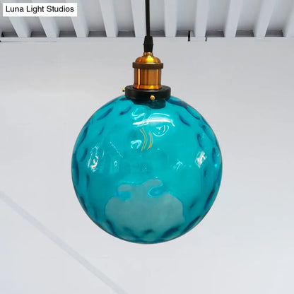 Industrial Globe Pendant Light - Blue Dimpled Glass Hanging Lamp (8"/10"/12" Wide)