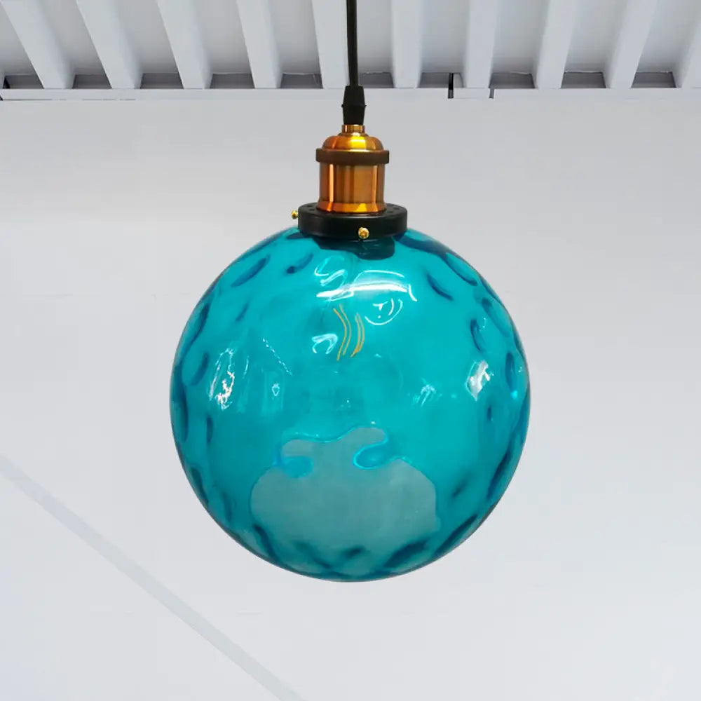 Industrial Globe Pendant Light - Blue Dimpled Glass Hanging Lamp (8"/10"/12" Wide)