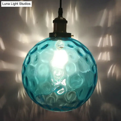 Industrial Globe Pendant Light - Blue Dimpled Glass Hanging Lamp (8"/10"/12" Wide)