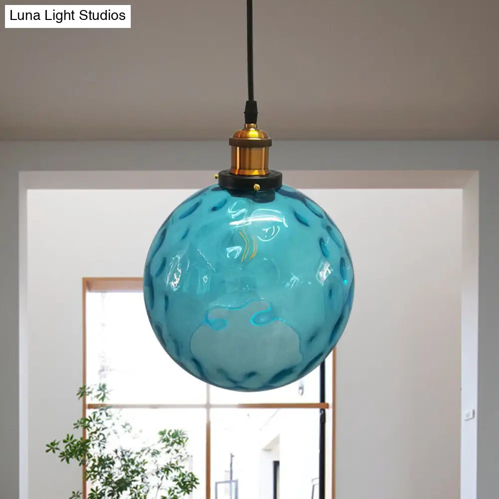 Industrial Globe Pendant Light - Blue Dimpled Glass Hanging Lamp (8"/10"/12" Wide)